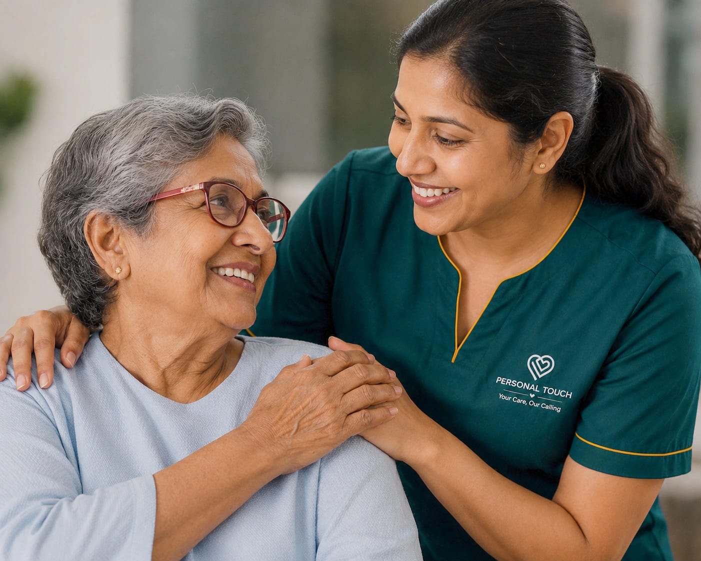 Caregiver smiling with senior client