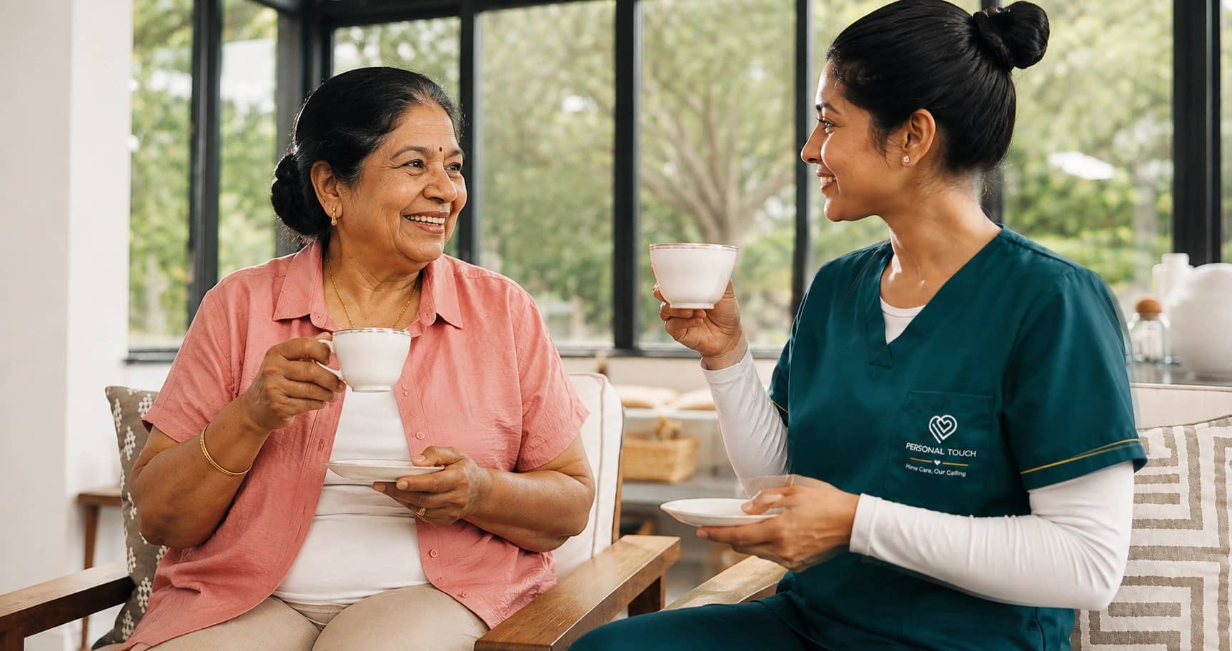 Caregiver and client sharing tea in a bright living room