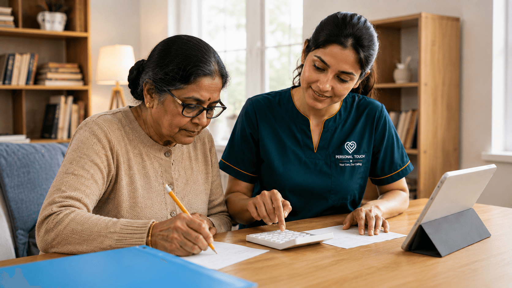 Caregiver helping senior woman with paperwork