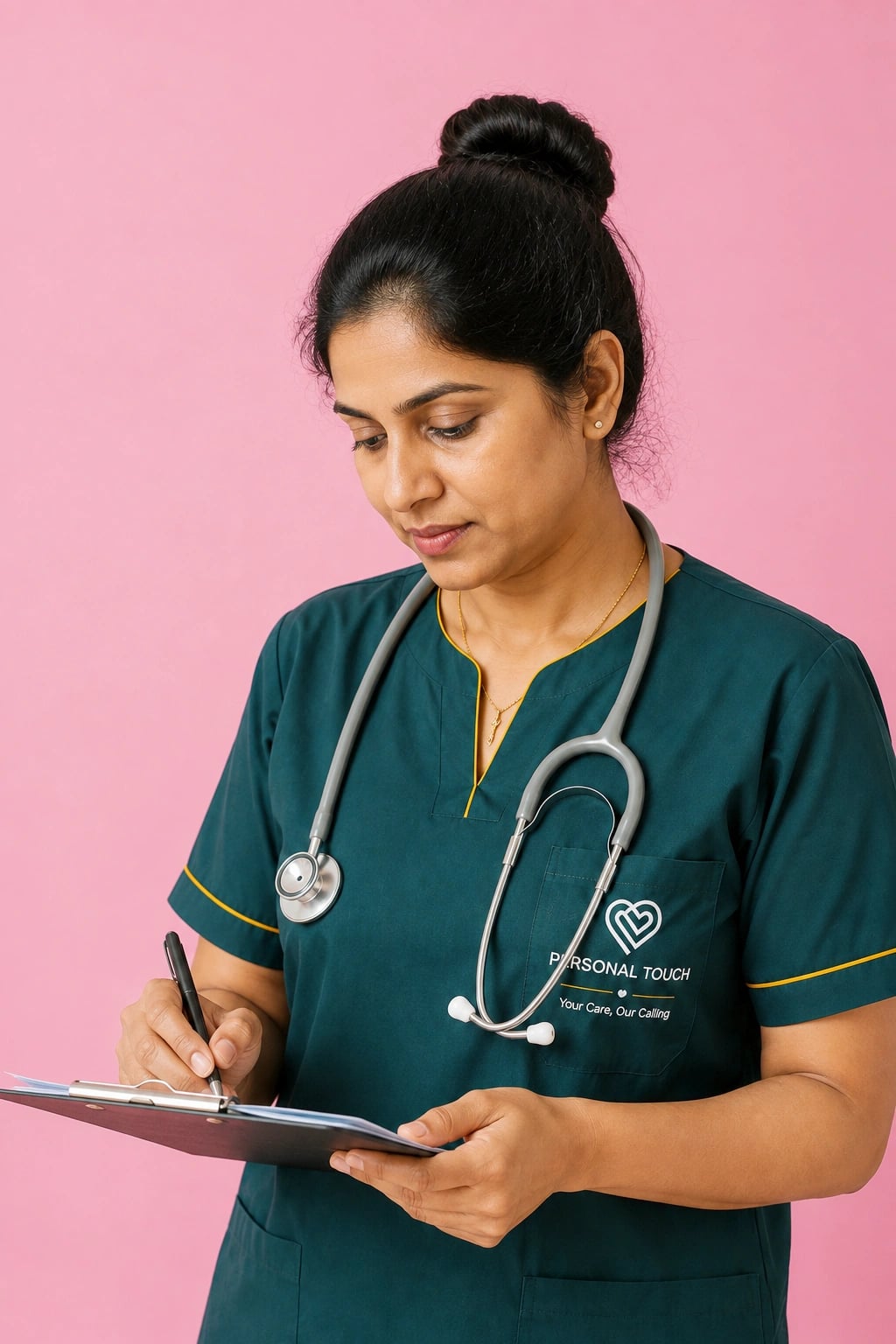 Caregiver reviewing notes