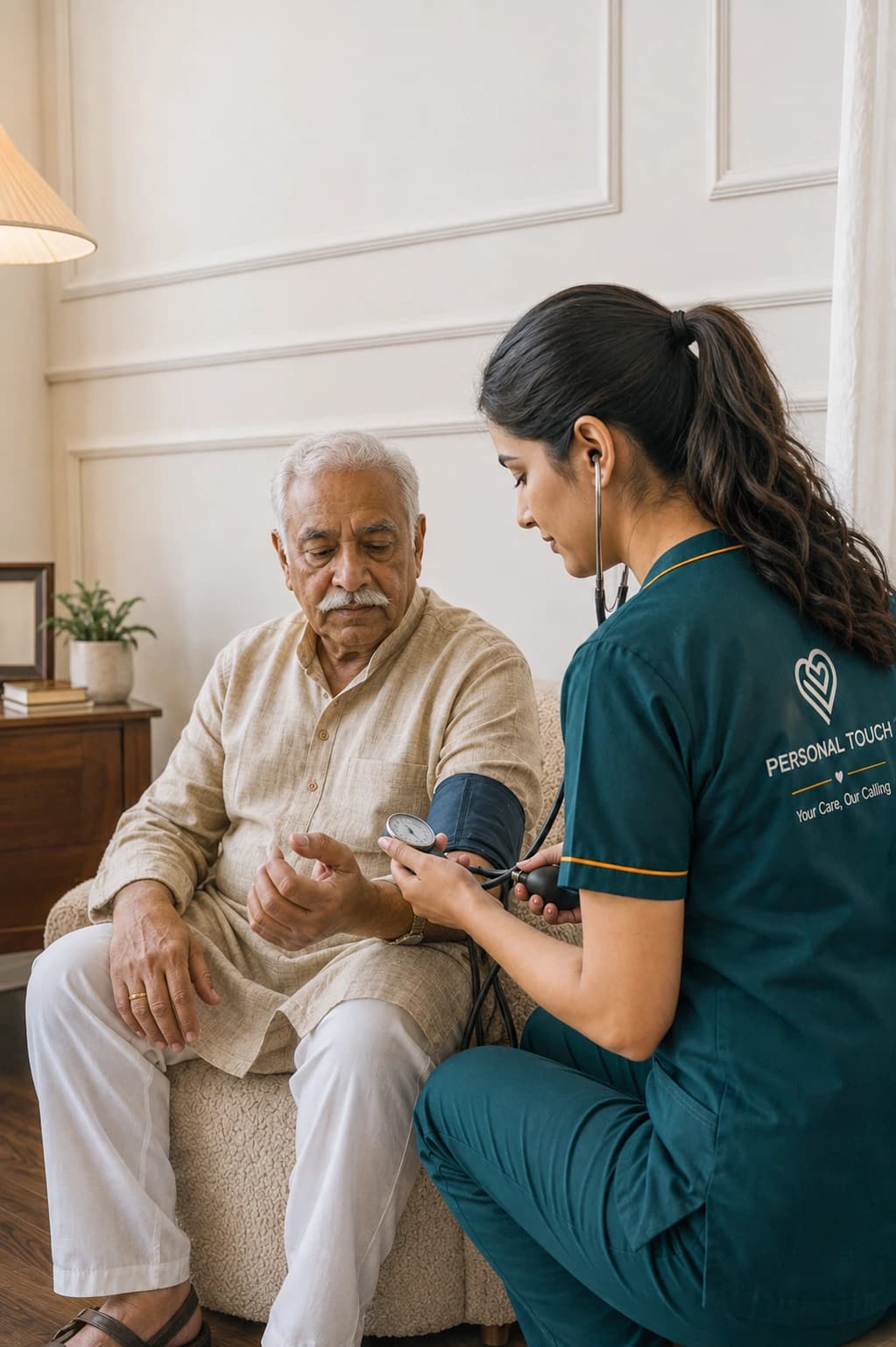 Caregiver taking senior client blood pressure