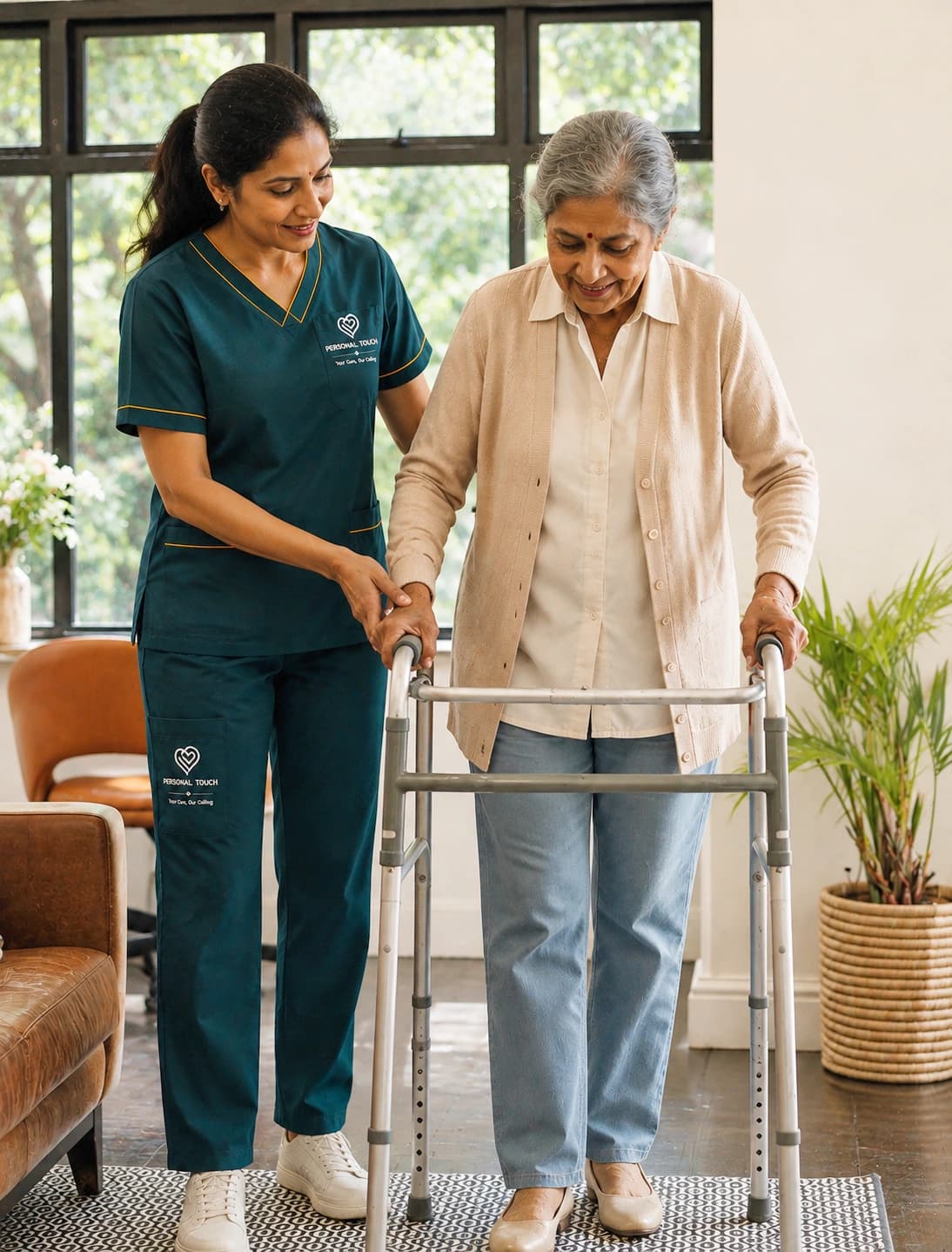 Caregiver assisting elderly woman with walker